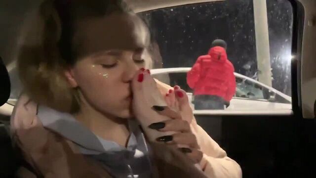 playwithanny - lesbian licks feet in the car public foot fetish
