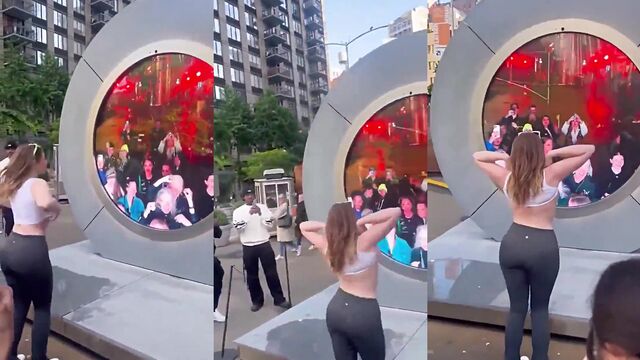 Wild girl fucks on the NYC-Dublin portal in public space