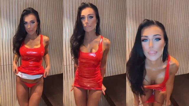 A hot woman in a PVC dress shows her passion for vinyl and rubber