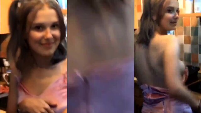 Millie Bobby Brown leaks her tits while taking off her clothes in the celeb video