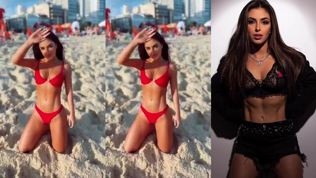 The cute model shows her round butt in a small bikini on the beach