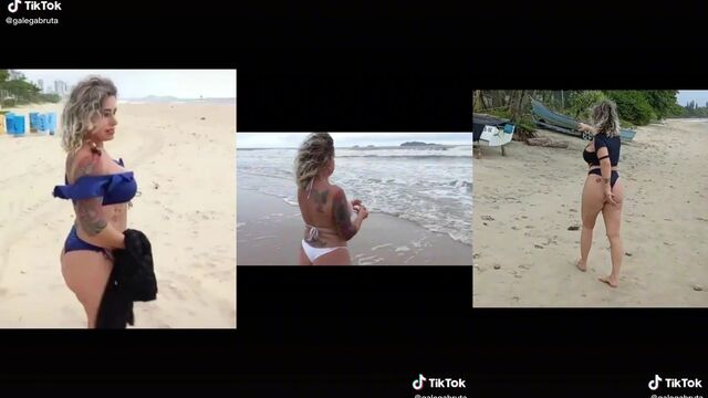 Loira coroa gostosa se diverte na praia antes de entrar na rola