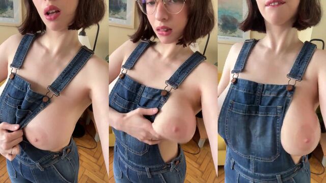 A white girl caresses her big boobs and gets excited