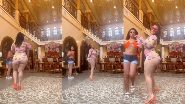 A sexy white girl shows off her big ass and shakes it in public
