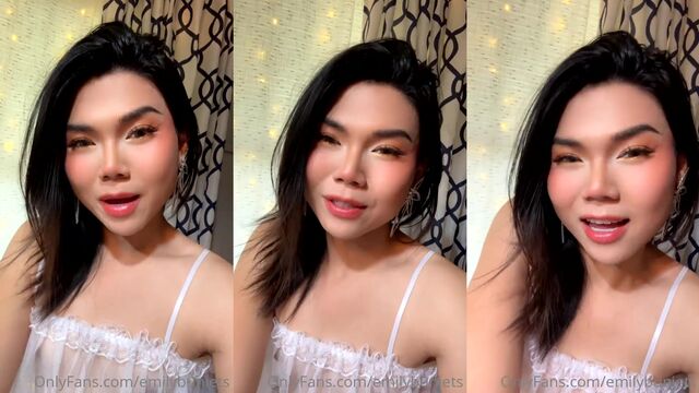 Hot transsexual ladyboy in red dress enjoys solo toy play and cumming