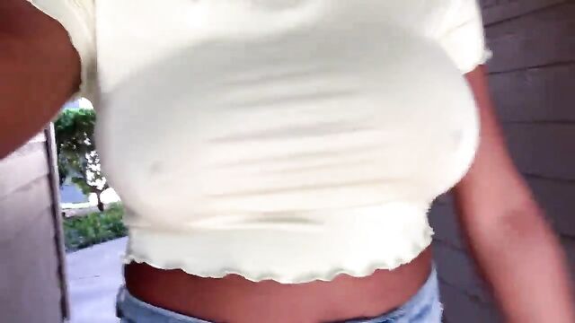 A big-breasted ebony slut gives a blowjob to her nerdy fuck toy