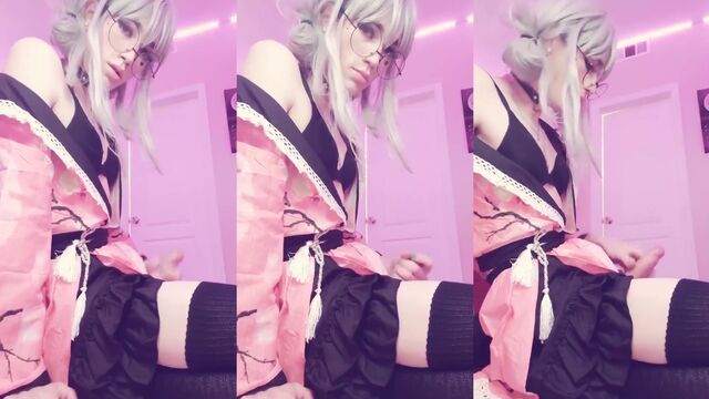 Femboy trap cums after using dildo and stockings