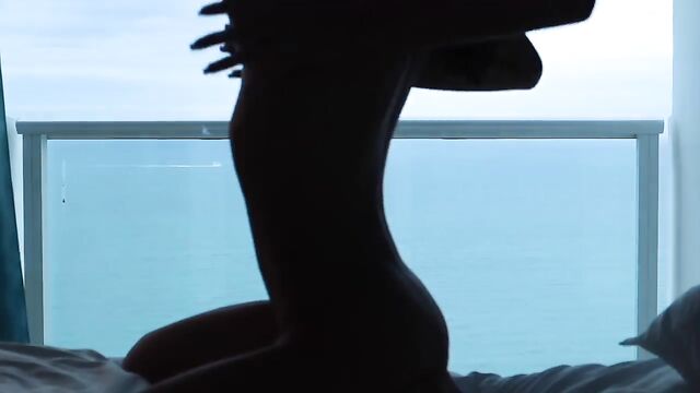 Skinny shemale moans while riding and cumming with a big dildo