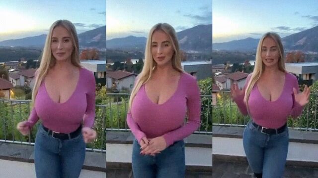 Bikini-clad big-titted babe gives you a teasing show with her insane cleavage