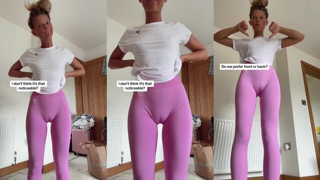 A girl demonstrates her phat ass in tight yoga pants, showcasing a camel toe