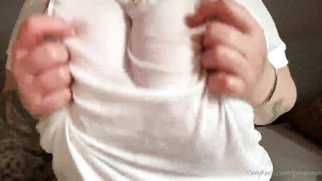 Big jug of cum poured on BBWs huge juggs