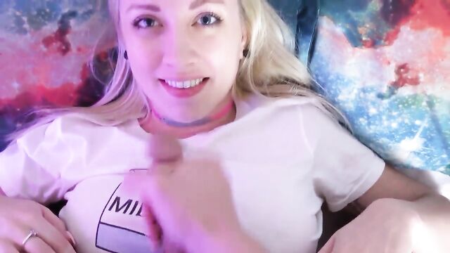 Hot blonde slut gets a cum shot facial after giving a deepthroat blowjob
