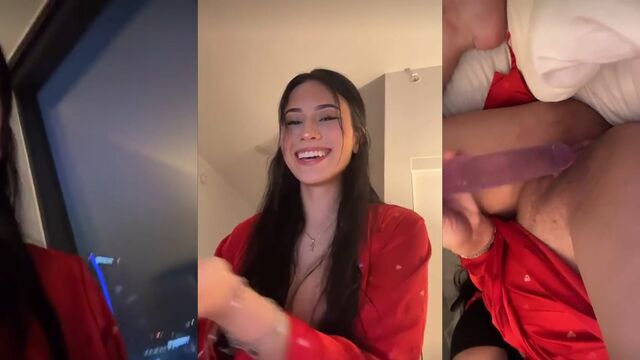 Petite teen with huge boobs fucks with dildo