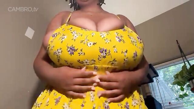 Hot ebony BBW enjoys tiddies while getting massaged on a wet day