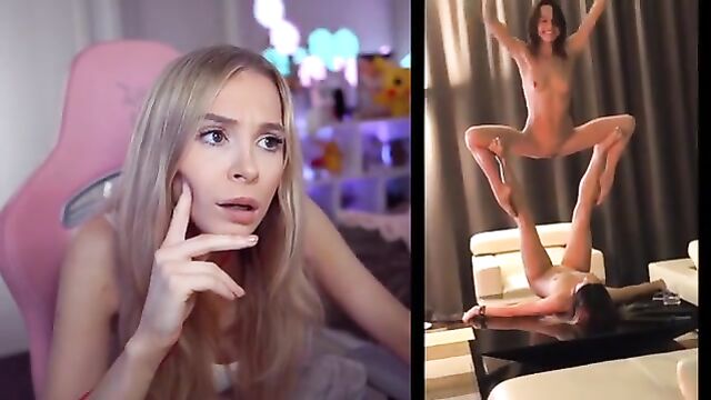 A big-breasted blonde girl plays with her huge boobs and fucks herself
