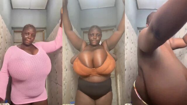 Busty ebony beauty showcases her huge tits and gets them caressed passionately