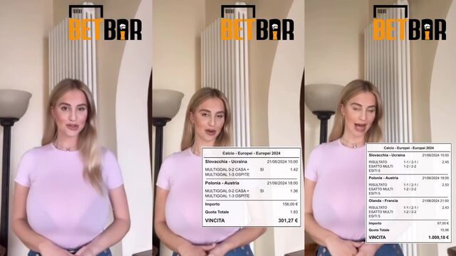 Bikini-clad girl with big boobs shows off her huge cleavage