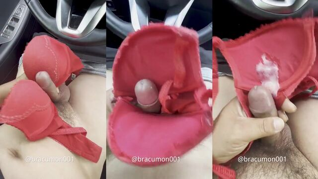 A hot cum shot on the bra after some intense jerking off in the car