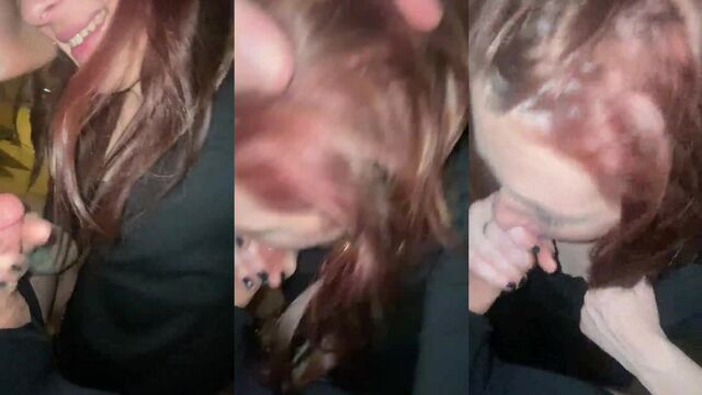A red-haired girl gives a blowjob to her loved one in POV