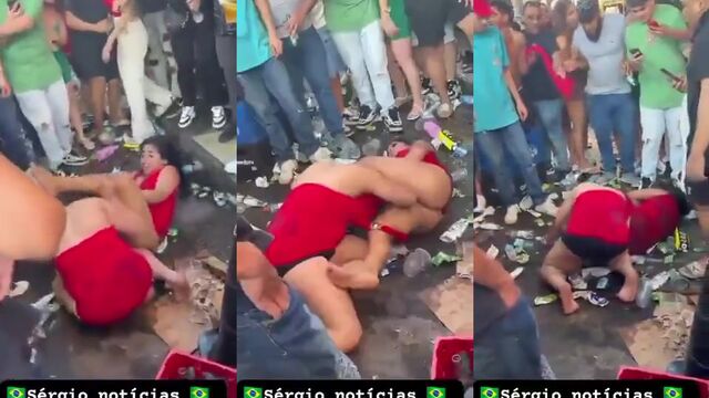 Briga generalizada na rua durante uma festa molhada