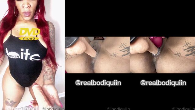 Inked BBW gets her fake tits covered with sticky creampie