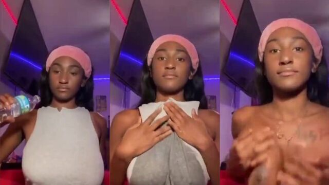 Busty ebony babe Mya Staxxx flashing huge tits in public