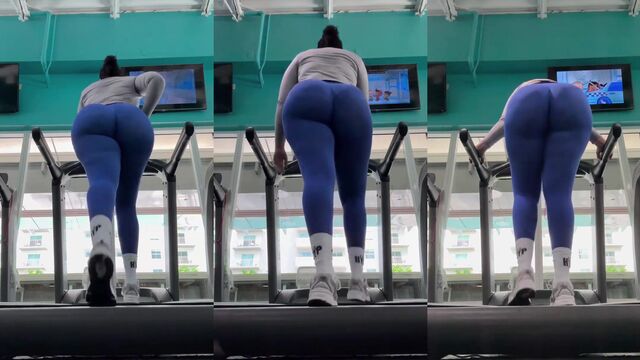 Thick redbone shows off her big booty while working out on the treadmill