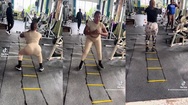 The coach marked the thong of the girl after training in the gym