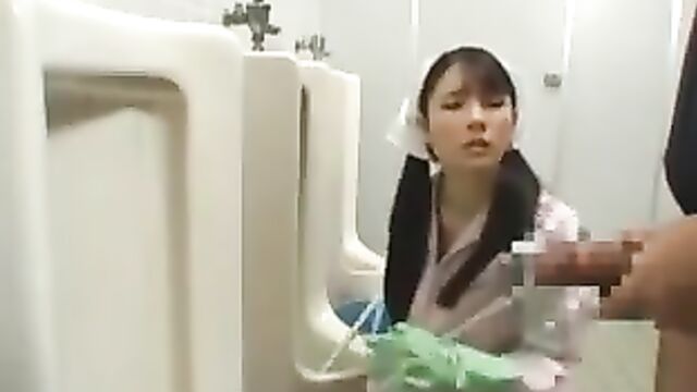 The lustful cleaning lady gets her pussy wet with piss