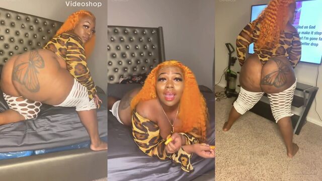 Juicy booty twerks hard on the bed with dildo