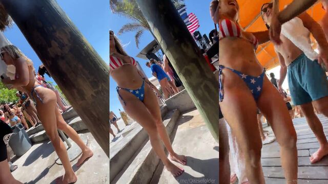 A blonde beauty shows off her big phat ass in a thong bikini
