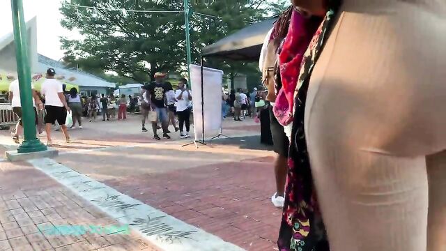 Big natural tits girl has no shame and gets naked in public place