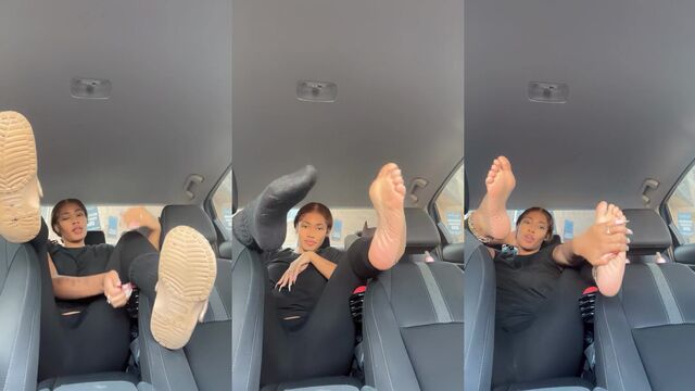 Ebony beauty gets her feet worshiped in a steamy car encounter