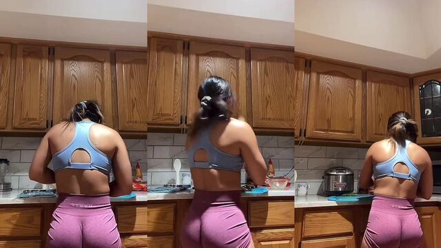 Fit girl with a thick ass shows off her body and cooks live