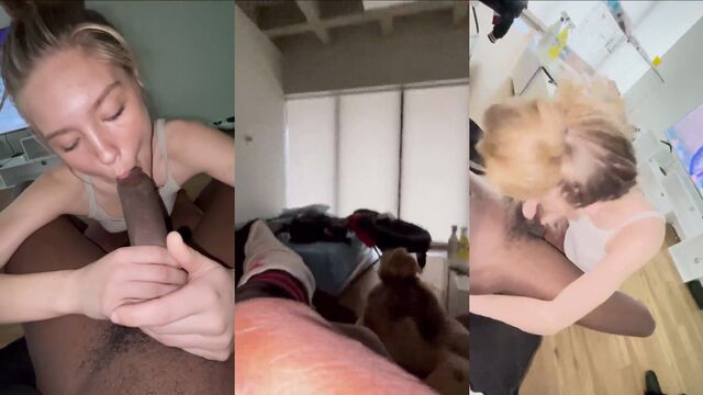 Blonde babe does a deepthroat blowjob and gets intense backshots with BBC