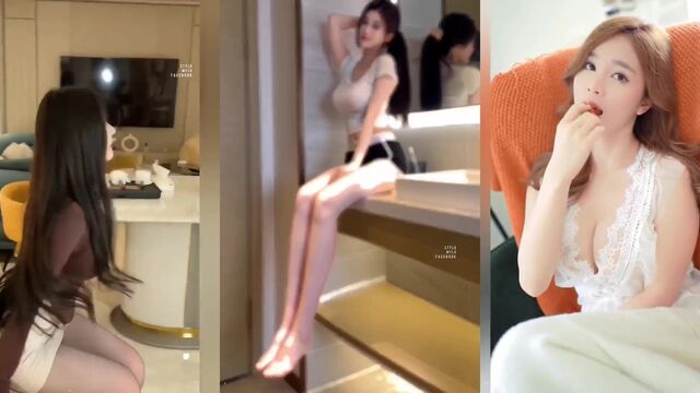 Young Chinese babe dancing sexy in cosplay on the table