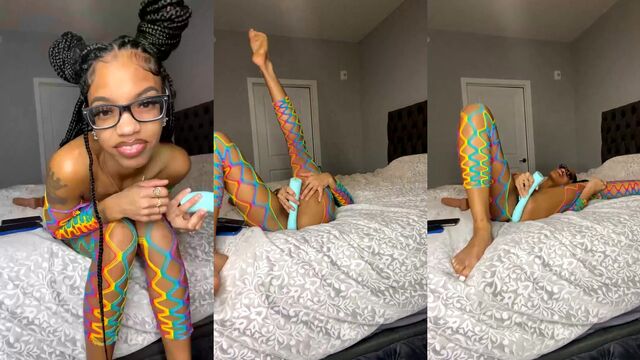 Oiled up ebony babe rides huge dildo in POV on bed