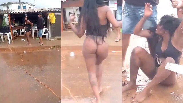 Ebony teen with big silicone tits shows off her wet pussy in an intense briga