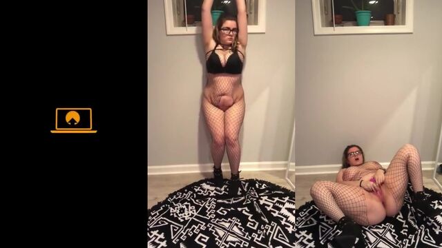 Chubby goth slut masturbating her big tits in black lingerie