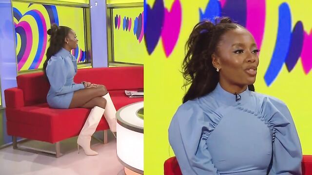 Hot ebony babe Aj Odudu teases in a blue dress without underwear, driving us wild