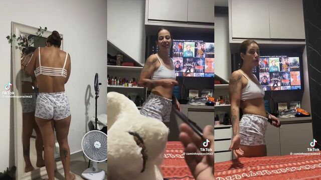The pretty woman shows her body in pijama before getting intimate