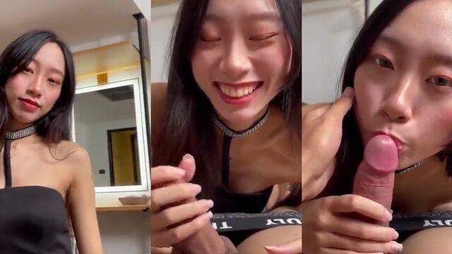 Blonde Asian beauty gives a blowjob, footjob, handjob, and more