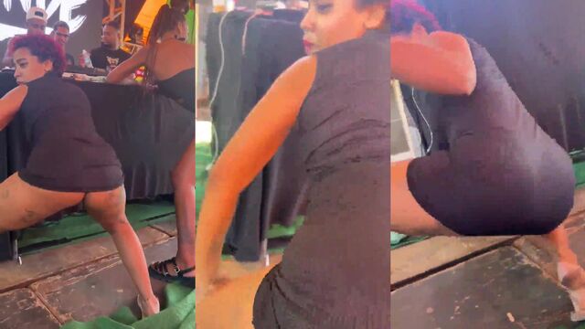 Famosinha morena tatuada dança bikini no balcão e mostra a bunda