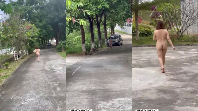 A Chinese slut is barefoot while walking in the forest outdoors