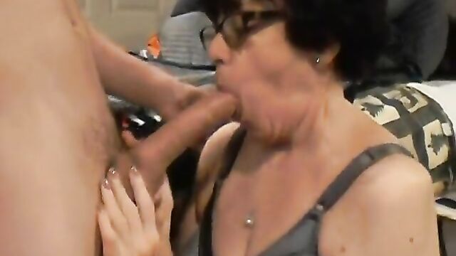 Hot GILF gets her face covered with cum after a dirty talk session