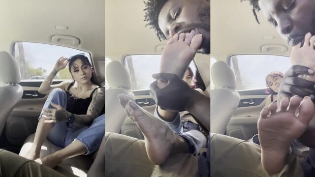 Foot worship in public bus with sexy big soles