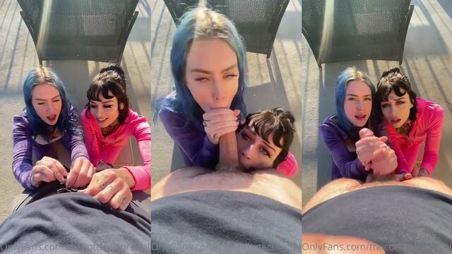 Sloppy deepthroat blowjob with foot job and cumsluts