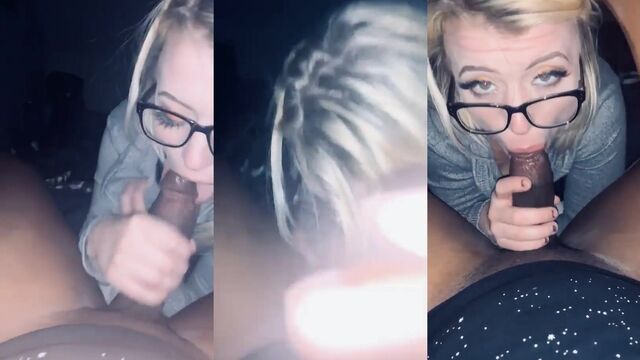 A blonde girl with glasses makes a blowjob and fucks her boyfriend in POV
