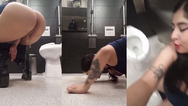 A sexy girl licks the toilet seat and pisses on it in public