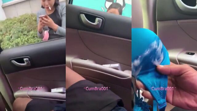 A cum shot on the bra after jerking off in the car